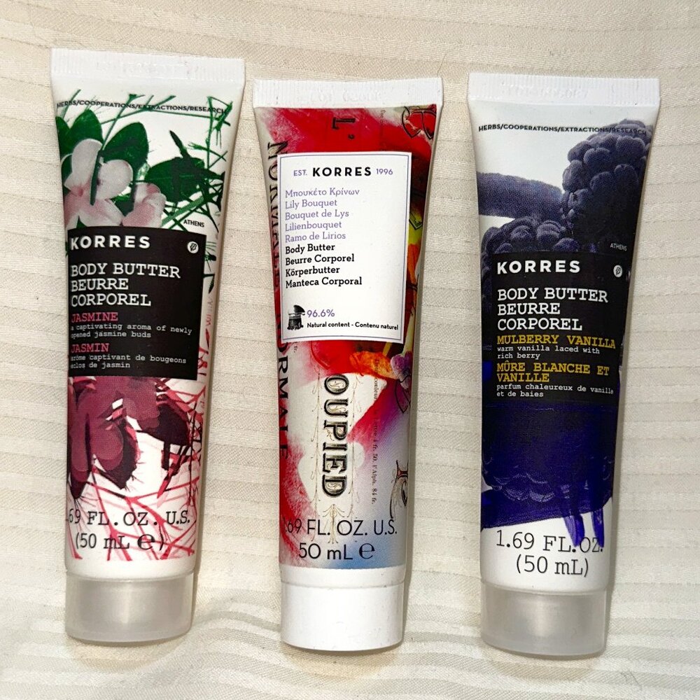 NEW & SEALED! KORRES SET / LOT OF 3 YUMMY BODY BUTTERS 1.69 OZ EACH / 5.07 OZ